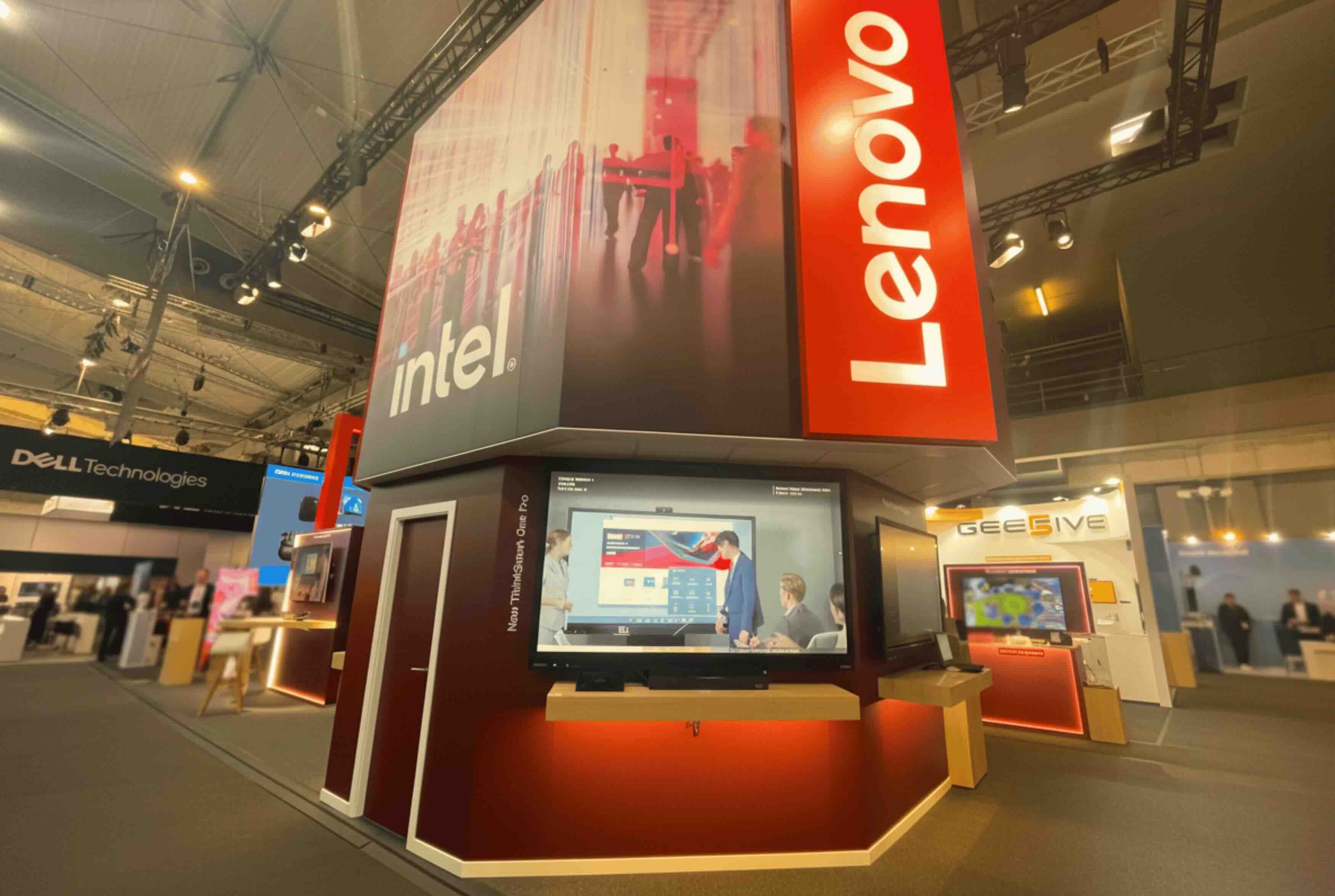 Main structure of Lenovo’s stand at ISE 2026 with vertical panels, branding and integrated large-format screens.