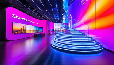 A vibrant and dynamic image showcasing the Starway stand at ISE 2025 featuring cuttingedge lighting technology and a captivating visual display symbolizing innovation and partnership